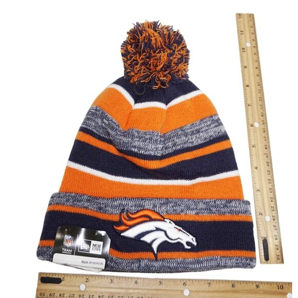 Denver Broncos NFL Football New Era Beanie - Stripe Cuff Knit Hat Pom Cap - Picture 2 of 7